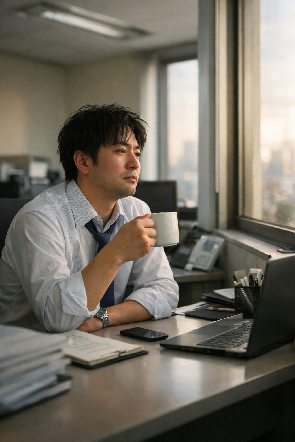 眠れないまま朝を迎え、徹夜明けで仕事に向かう会社員