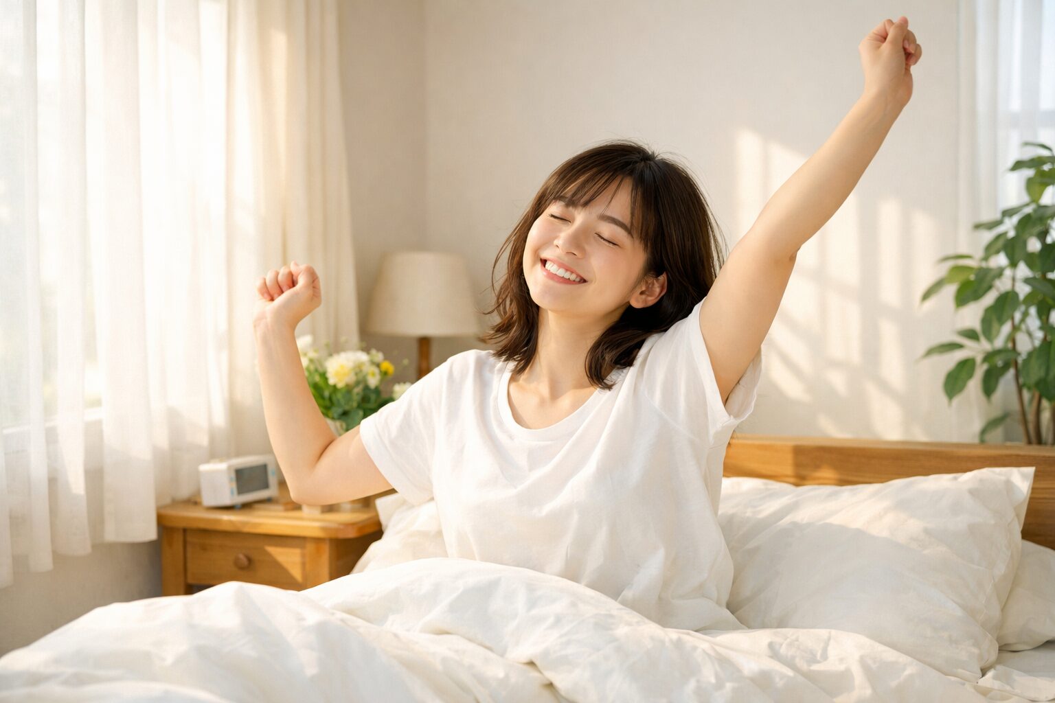 朝日で気持ちよく目覚めて伸びをする女性