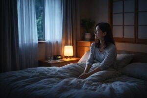 夜中3時に目が覚めて眠れずにいる30代後半の女性 