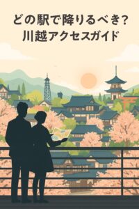 川越の蔵造りの街並みと桜を背景に、展望デッキで地図を見ながら駅を確認しているカップルのシルエットを描いたイラスト