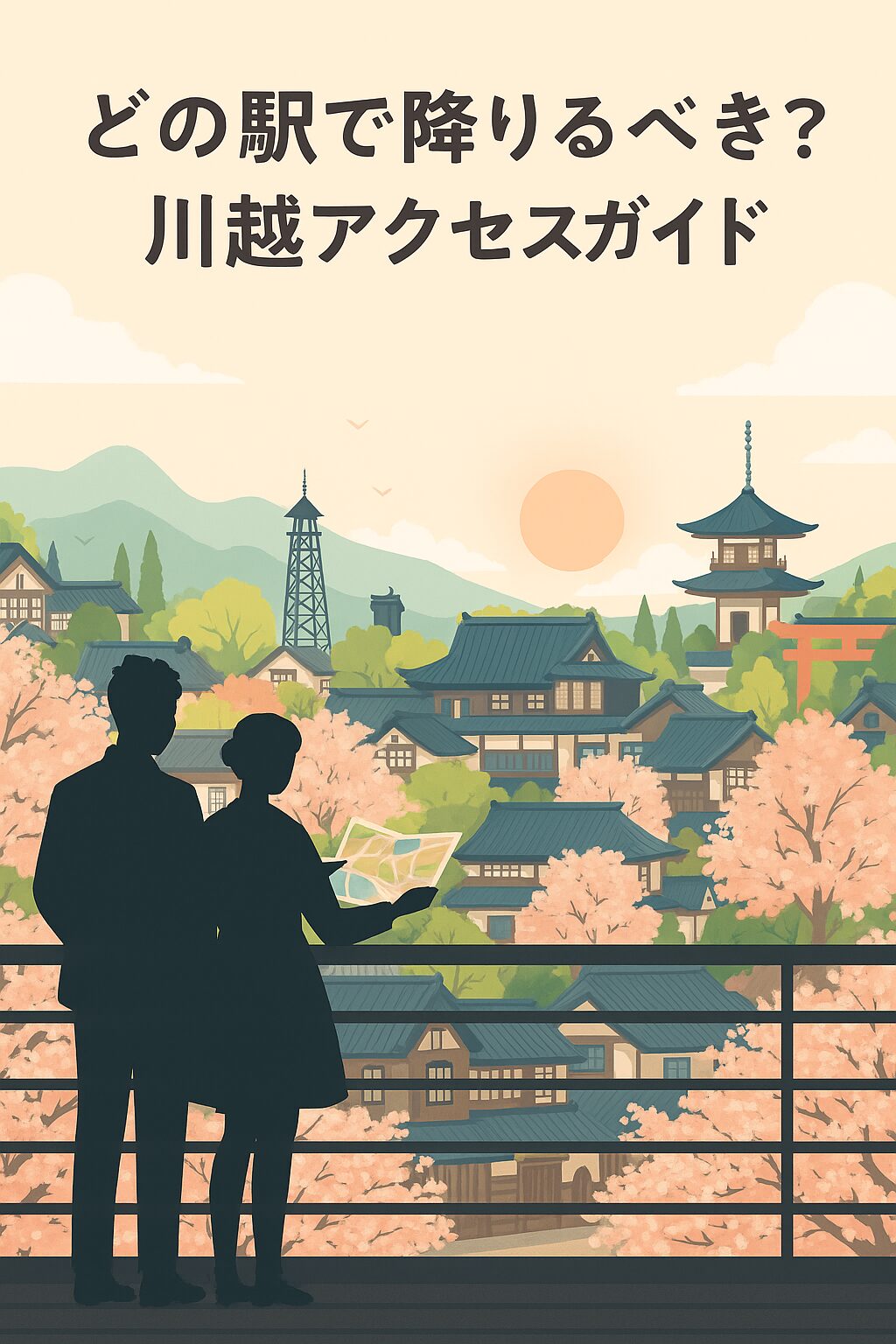 alt="川越の蔵造りの街並みを背景に、どの駅で降りるか迷うカップルのイラスト"