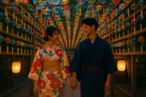 夕暮れの川越氷川神社で、色とりどりの浴衣を着た日本人カップルが2000個のガラス風鈴トンネルを歩く様子。柔らかい提灯の灯りと風鈴の音が包む、幻想的な夏デートシーン。