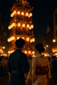 夜の川越まつりで、無数の提灯が灯る山車を見上げる浴衣姿の日本人カップルの後ろ姿。幻想的な光に包まれた祭りの風景。