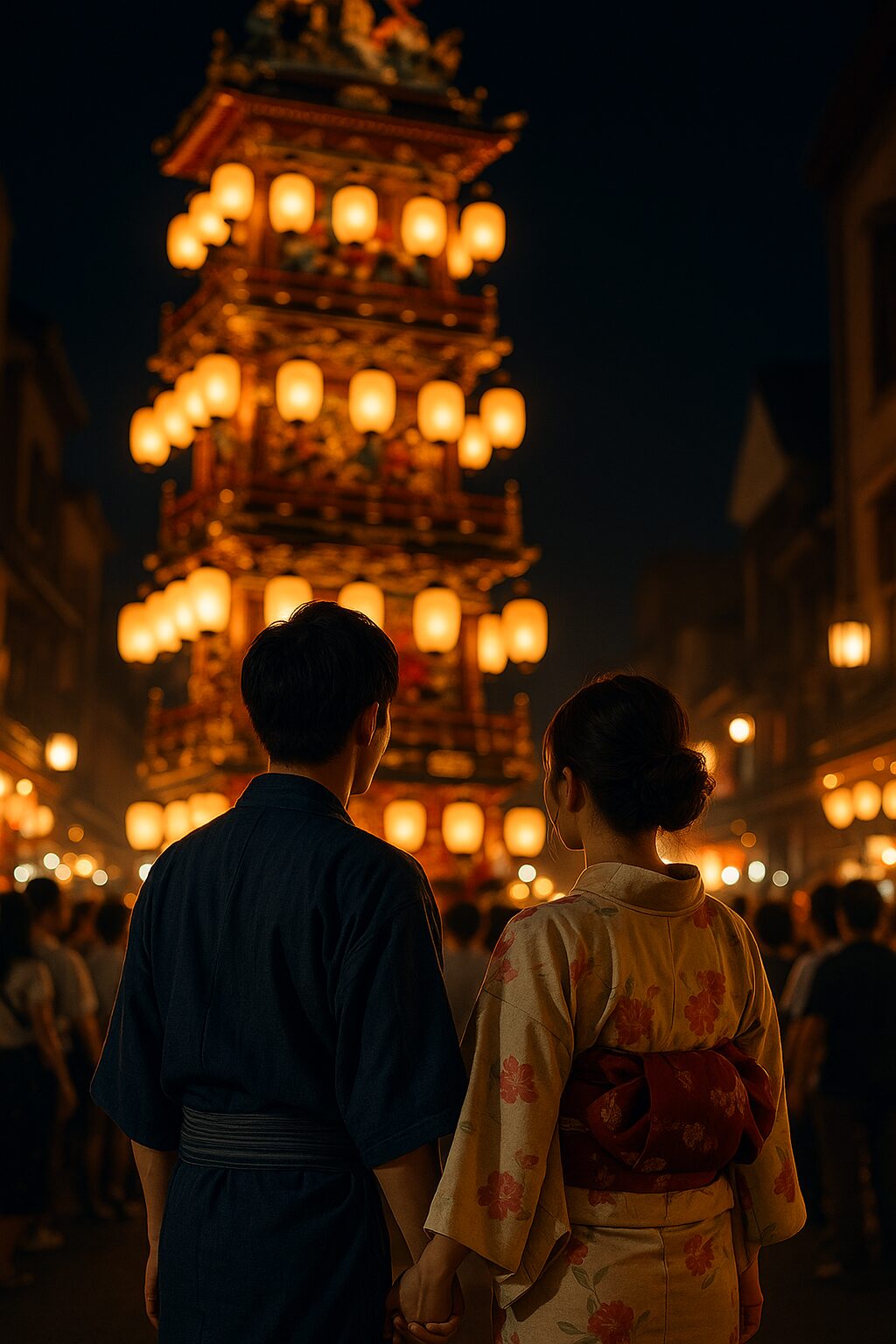 夜の川越まつりで、無数の提灯が灯る山車を見上げる浴衣姿の日本人カップルの後ろ姿。幻想的な光に包まれた祭りの風景。