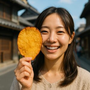 川越の名物・おさつチップを顔の前に持つ若い女性のフォトリアルなクローズアップ。大きくて薄いサツマイモを揚げたチップは、少しいびつな形で黄金色に焼き上がり、縁にこんがり焦げ目がある。背景には蔵造りの街並みが柔らかくぼけ、明るい昼の雰囲気が漂っている