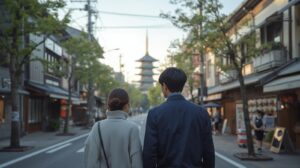 川越の時の鐘周辺をデートで散策するカップルの後ろ姿 