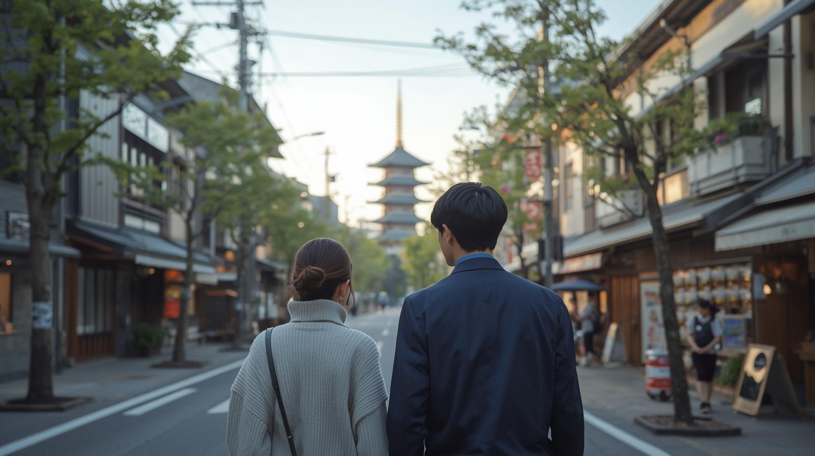 川越の時の鐘周辺をデートで散策するカップルの後ろ姿