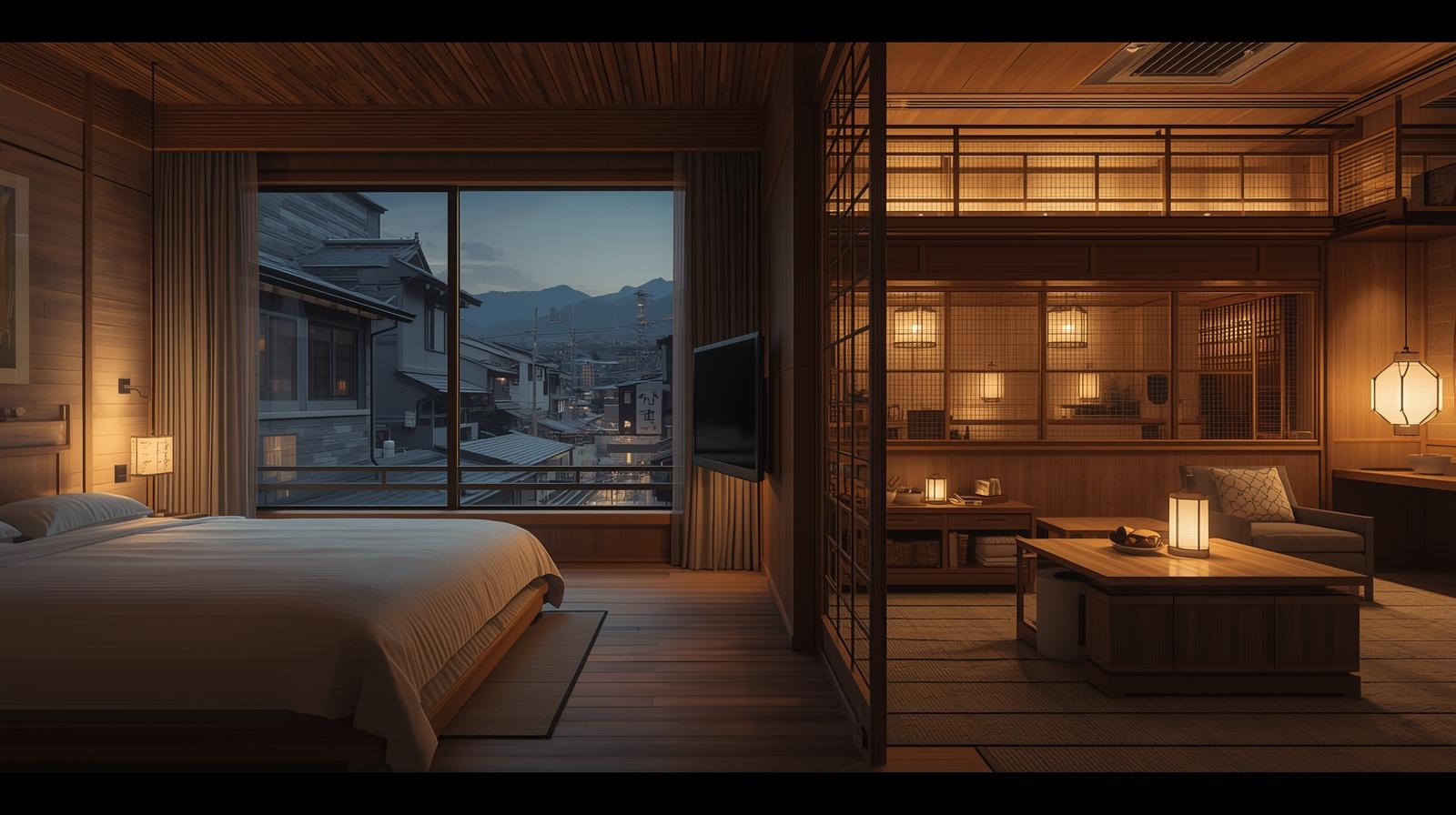 和モダンのホテル客室から小江戸・川越の街並みを望む夕景。木を基調とした落ち着いた室内と、窓の外に見える蔵造りの景観が特徴のカップル向け宿泊シーン。