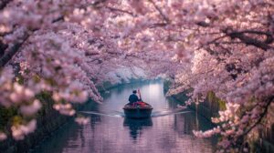 満開の桜が川面を覆う新河岸川の桜トンネルを、小舟がゆっくり進む春の絶景 