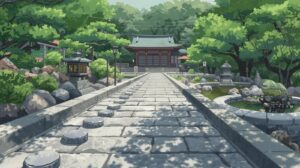 川越熊野神社の足踏み健康ロード（足つぼ道）のイラスト。石が並ぶ参道と社殿、池が見える境内の風景。カップルに人気の体験型パワースポット。 