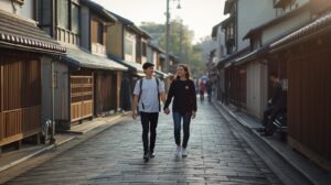 川越の蔵造りの街並みを歩くカップルの後ろ姿