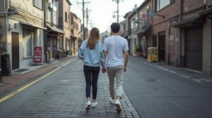 川越デートで歩きやすい服装と靴を選んだカップルの後ろ姿 