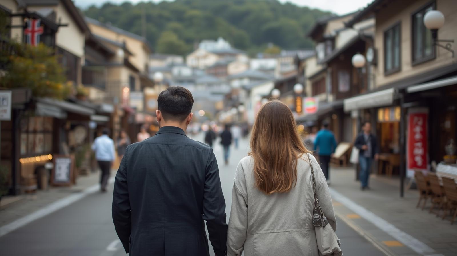 川越の蔵造りの街並みをデートで歩くカップルの後ろ姿
