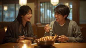 うな重を前に笑い合う若いカップルの食事風景。