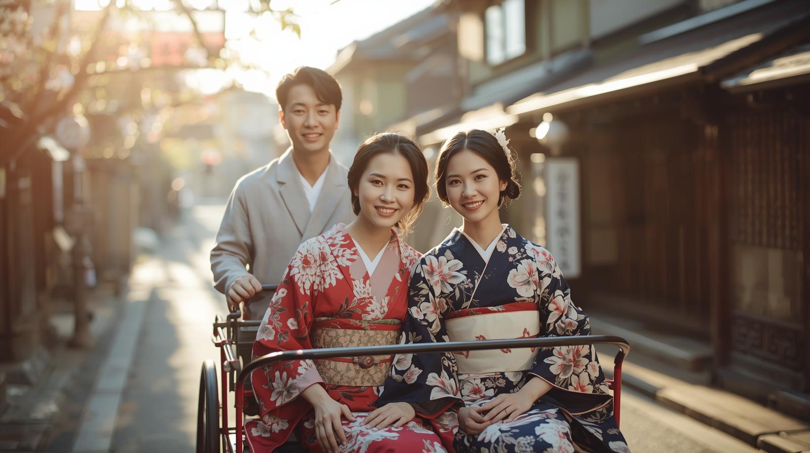 川越の蔵造りの街並みを背景に、人力車に乗った着物姿の女性二人と、後ろで微笑む車夫が写る明るい昼のシーン。伝統的な雰囲気と観光の楽しさが伝わる写真。