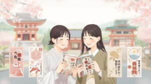 川越八幡宮・最明寺・熊野神社の御朱印帳を手に、嬉しそうに見比べるカップルの様子。可愛い御朱印や切り絵御朱印が並び、川越御朱印巡りの雰囲気が伝わる和風イラスト。 