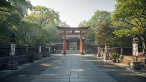 川越熊野神社の境内に続く石畳の参道と鳥居の風景
