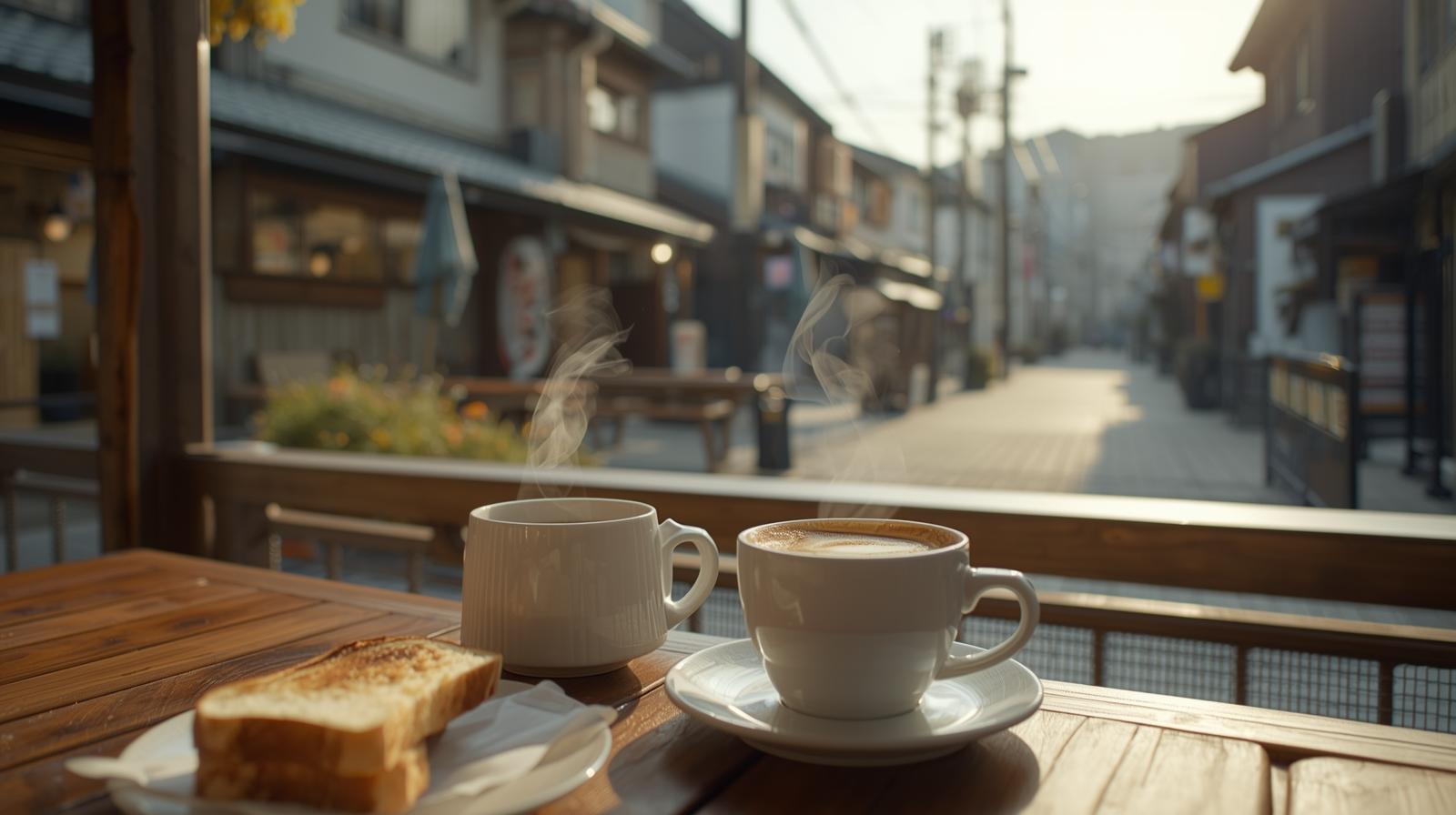 川越の蔵造りの街並みを背景に、朝日が差し込むテラス席で カップルがコーヒーとトーストのモーニングを楽しんでいる写真。