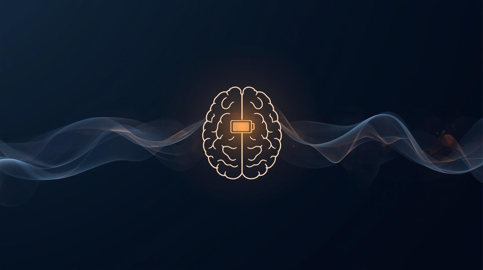 深い紺色の空間で、脳のシルエットの中にあるバッテリーが黄金色の光で充電されている抽象的なイラスト。何もしたくない時の脳の回復を象徴。