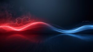 鋭い赤色のギザギザした線が、穏やかな青い波へと変化していく抽象画。怒りを鎮めて心の安定を取り戻すプロセスをイメージ。