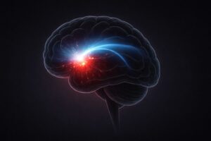  脳のシルエットの中で、赤く光る扁桃体を青い光の前頭葉が鎮めている抽象図。不安のメカニズムとコントロールの解説。