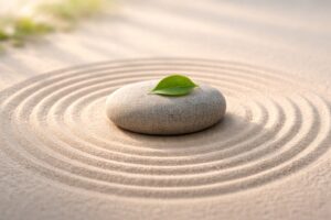 砂紋の上に置かれた一粒の石と葉。マインドフルネスやグラウンディングによって「今、ここ」に集中する心の静寂を表現。