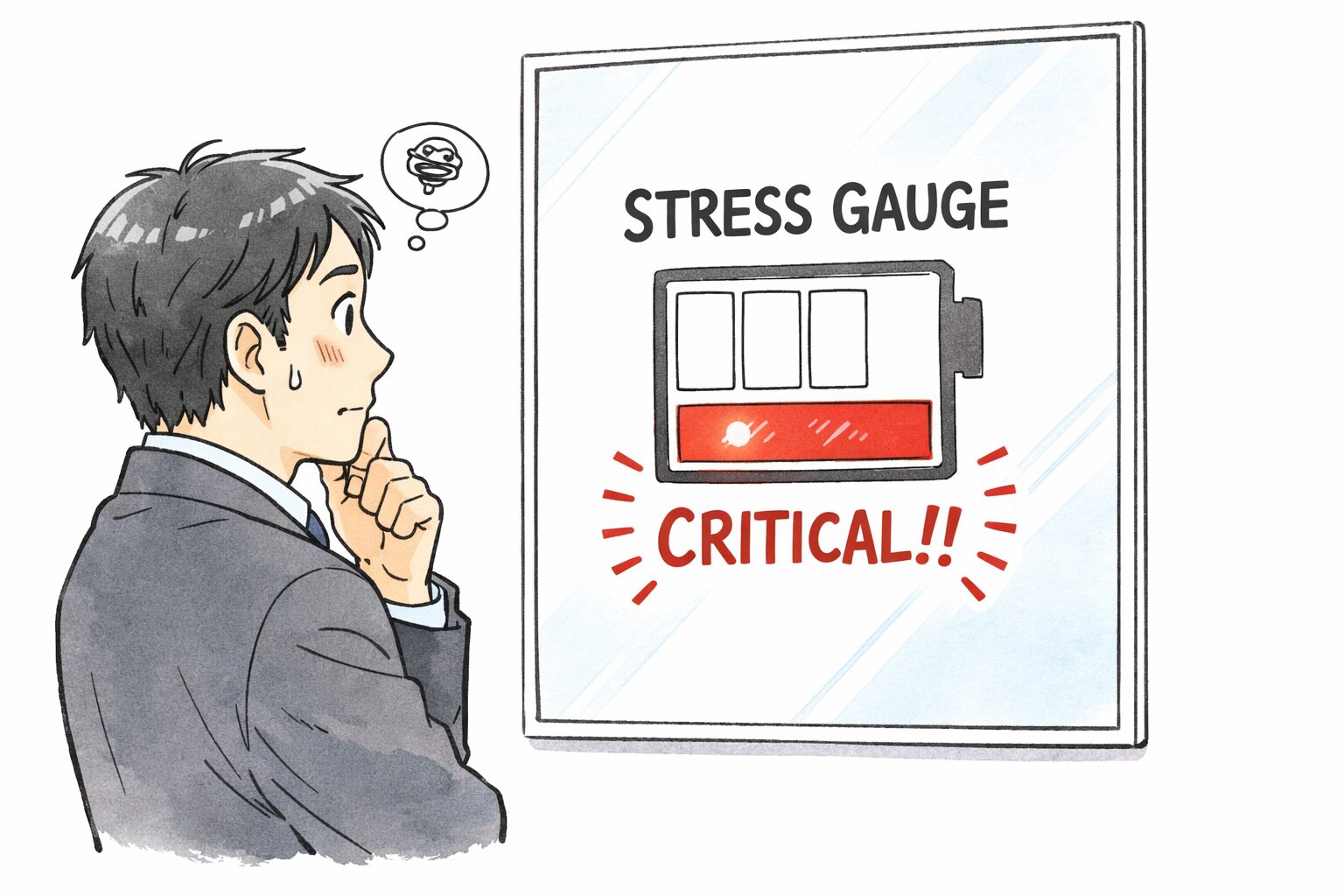 鏡の中に映る自分のストレスメーターが赤信号（限界）になっているのを見て驚く40代男性のマンガ風イラスト。