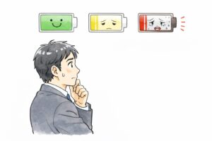 40代のストレス蓄積度をバッテリー残量で表現したマンガ風の図解イラスト。エネルギーが満タンの「警告期」、半分に減った「抵抗期」、赤く点滅し空になった「疲弊期」の3段階を視覚的に説明。