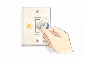 太陽（活動）から月（休息）へとスイッチを切り替える手のマンガ風イラスト。自律神経の切り替えとリラックスのイメージ。