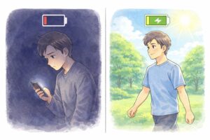 夜のスマホ使用によるエネルギー消耗と、朝の散歩によるエネルギー充電を対比させたマンガ風の図解。