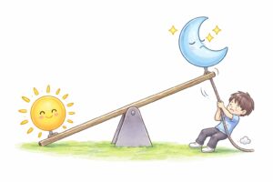 交感神経（太陽）が重くなり、副交感神経（月）とのバランスが崩れている様子を表現したマンガ風のシーソー図解。