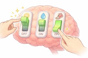脳内の覚醒スイッチ（光、水、運動）が次々とONになっていく様子を表現したマンガ風の図解。