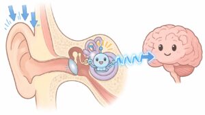 内耳の気圧センサーが気圧低下を感知し、脳に信号を送る様子を表現したマンガ風の図解。気象病のメカニズムを説明。