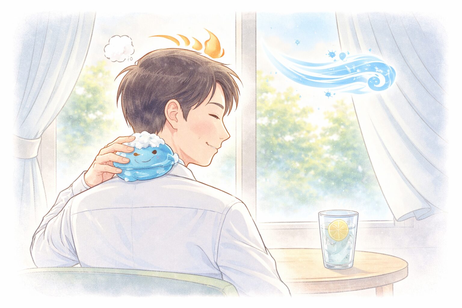 首の後ろを冷やしてリフレッシュする40代のマンガ風イラスト。夏の脳のオーバーヒートを解消するイメージ。
