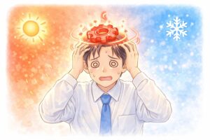 屋外の暑さと室内の冷房の温度差により、自律神経が過剰に働いて疲弊する様子を表現したマンガ風の図解。
