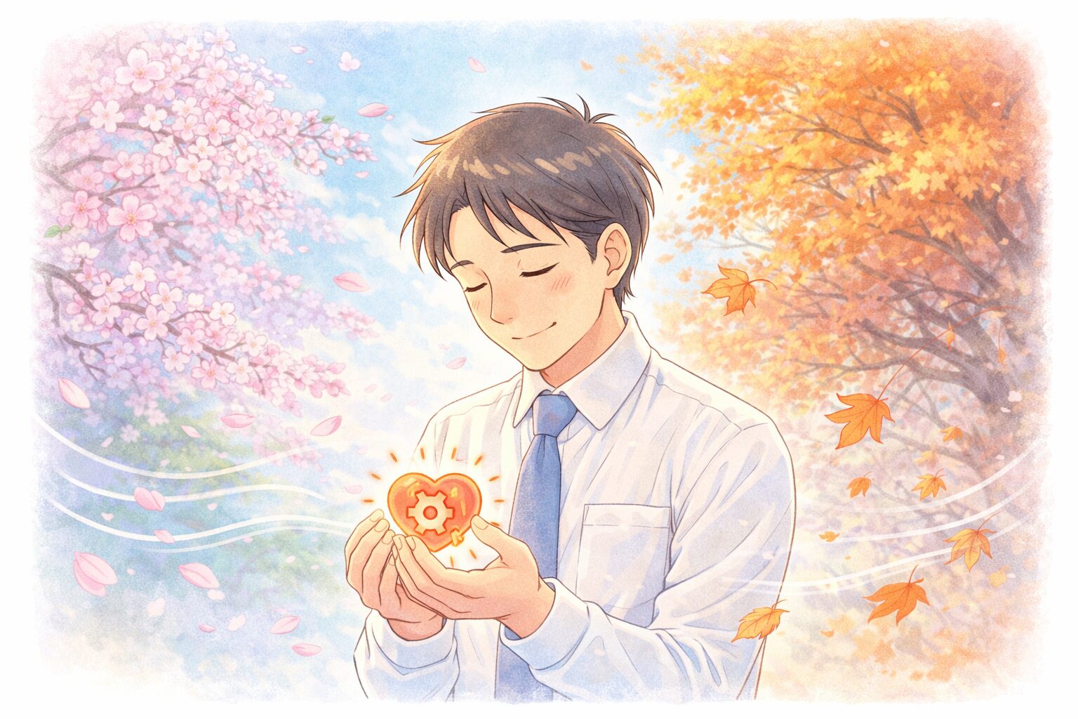 季節の変わり目に自分の体調を気遣う40代のマンガ風イラスト。春と秋の混ざり合った背景で自律神経を整えるイメージ。