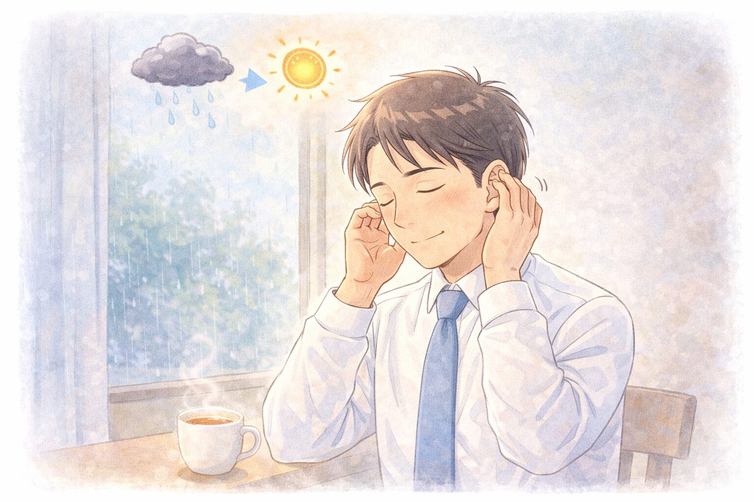 雨の日に窓際で耳マッサージをする40代のマンガ風イラスト。雨の日の体調不良（気象病）をセルフケアで整えるイメージ。