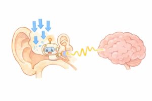 内耳の気圧センサーが気圧低下を感知し、脳に信号を送る様子を表現したマンガ風の図解。気象病のメカニズムを説明。