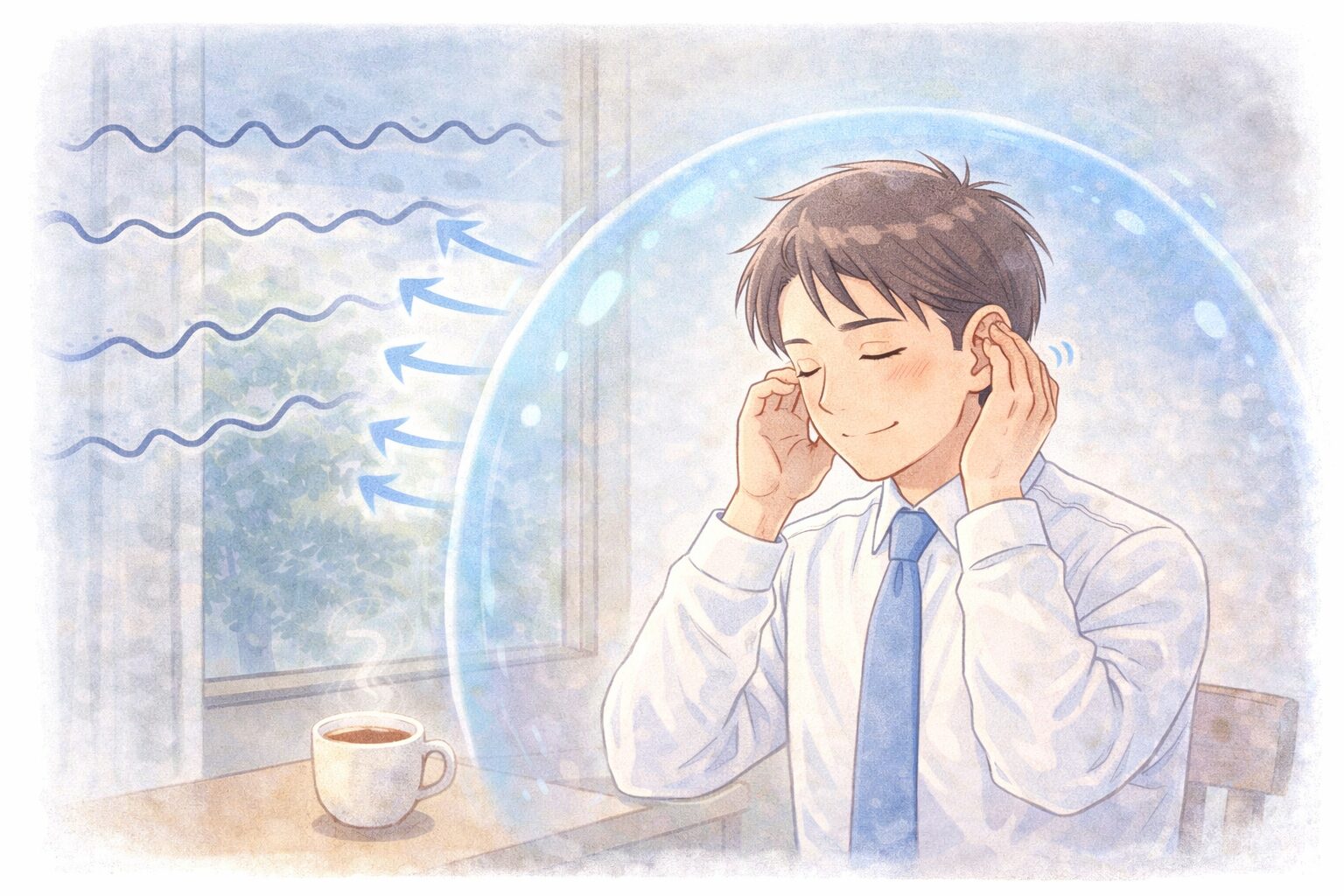 気圧の変化による不調を感じながらも、耳マッサージで対策をする40代のマンガ風イラスト。気象病をセルフケアで整えるイメージ。