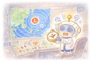 低気圧の接近により、脳内の司令室で自律神経のコントロールが効かなくなり、パニックを起こしている様子を表現したマンガ風の図解イラスト。気圧変化が自律神経に与える混乱を象徴。