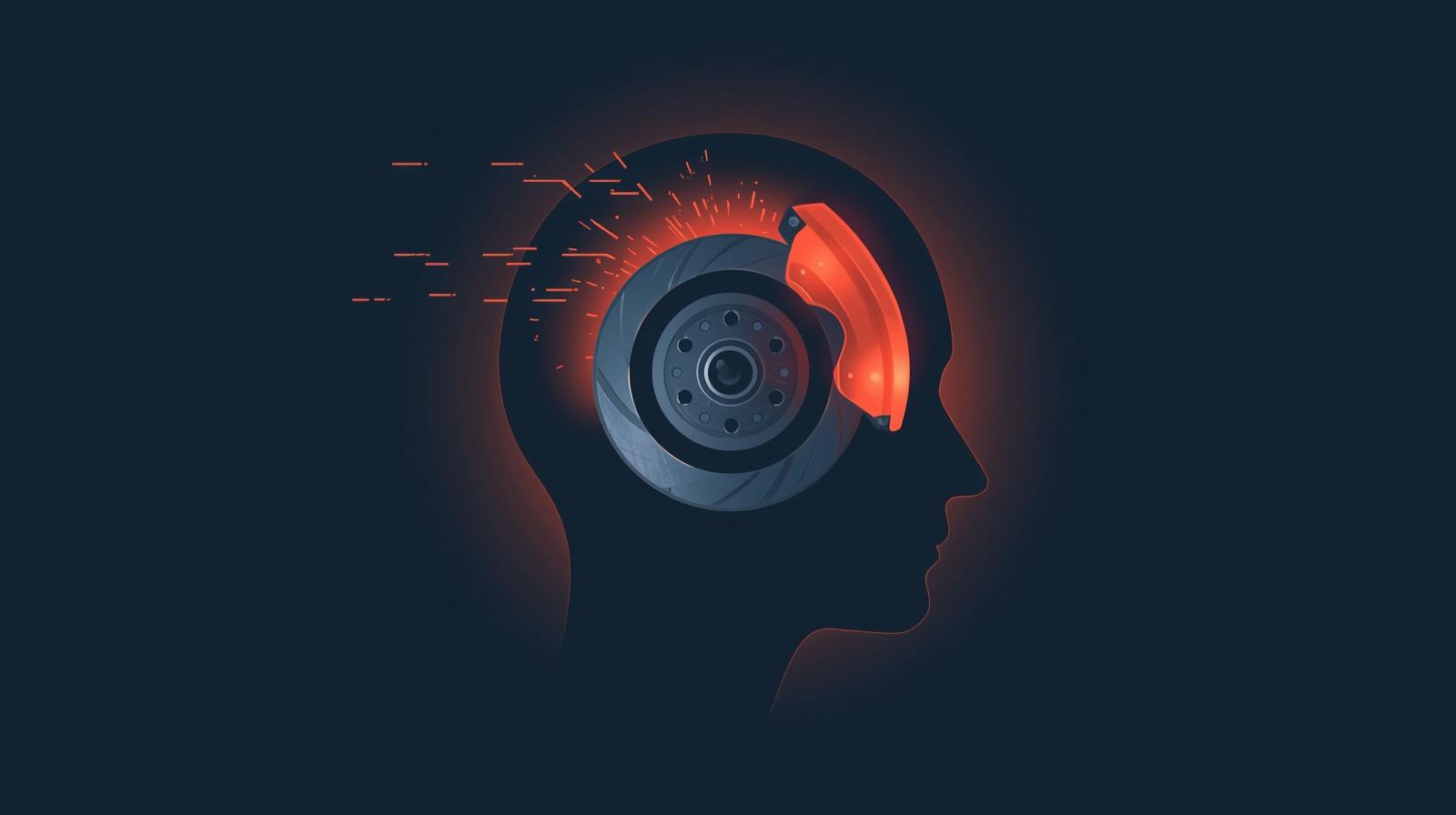 脳のシルエットの中で、真っ赤に熱を帯びたブレーキが回転を止めようとしているイラスト。理性のブレーキが効かなくなるイライラのメカニズムを象徴。