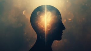 脳内で重なり合う光の円が霧を生み出し、そこを一本の光が貫く抽象画。脳のバックグラウンド処理（DMN）とリセットのイメージ。