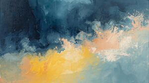 重い暗雲が晴れて、穏やかで明るい色彩が広がっていく抽象画。心の重荷を下ろし、本来の自分を取り戻していく過程を表現。