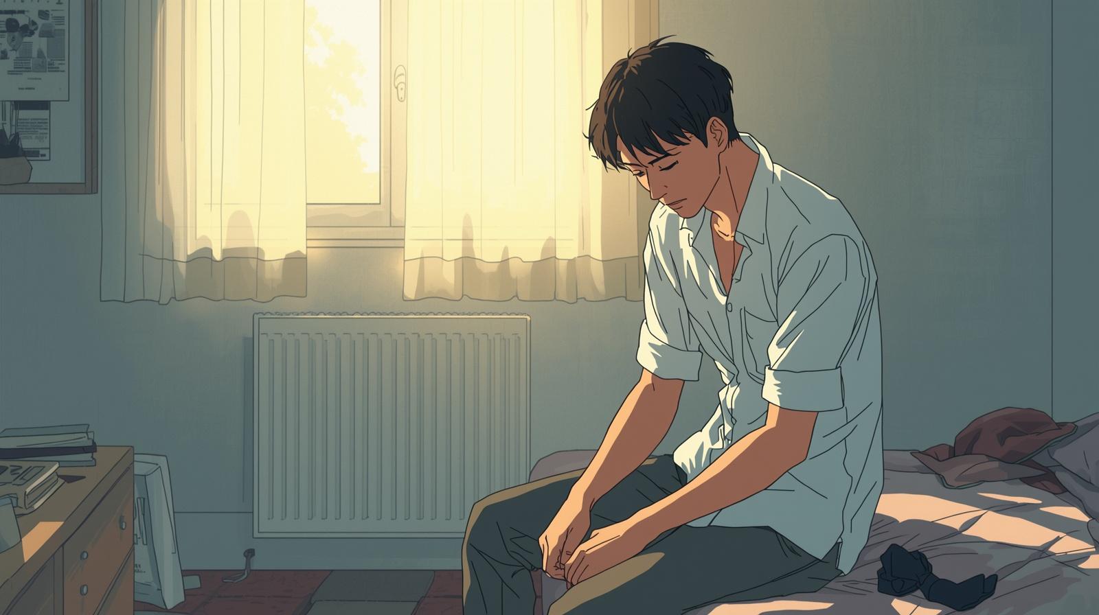 朝、ベッドの端に座り込んでぼんやりと過ごす40代男性のイラスト。やる気が出ず、体が重いと感じる日常のワンシーンをレトロなアニメ風のタッチで表現。