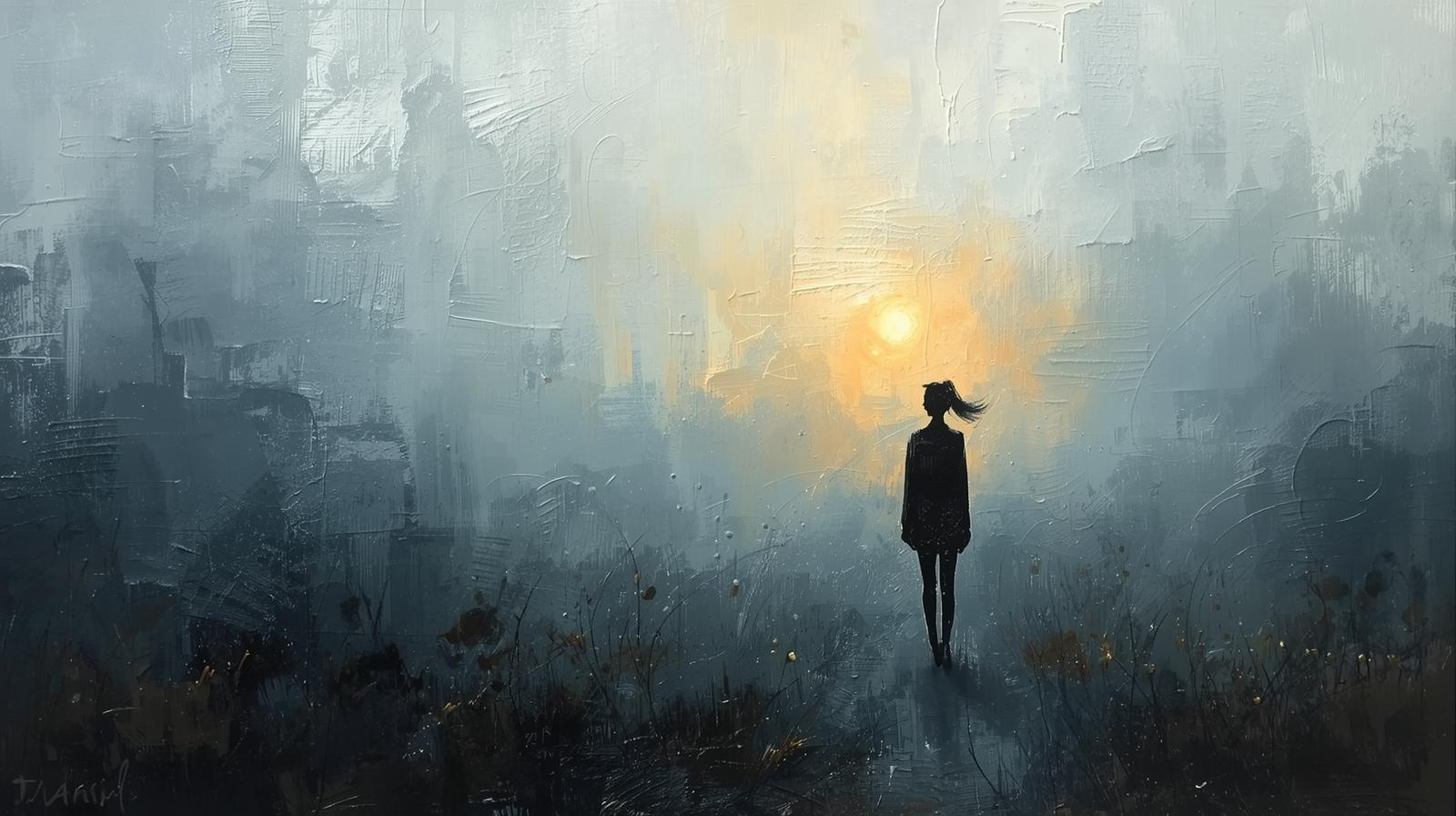 霧がかった風景の中で、差し込む光を見つめる人のシルエットを描いた油絵。モヤモヤした気持ちから回復へ向かうイメージ。