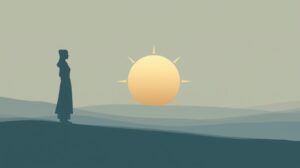 朝の光を浴びてセロトニンを活性化させるイメージのフラットイラスト。