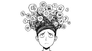 頭の中が仕事や家事の悩みでいっぱいになり、オーバーヒートしている様子のマンガ風イラスト。