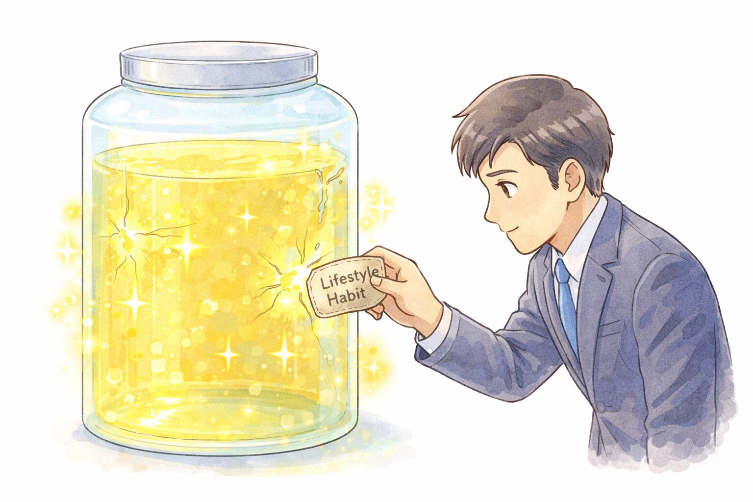 自分のエネルギーが漏れているタンクを修理しようとする40代のマンガ風イラスト。生活習慣の見直しによる疲労回復を象徴。