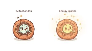 細胞内のミトコンドリアが元気にエネルギーを作り出す様子を描いたマンガ風の図解。疲労回復のメカニズムを表現。