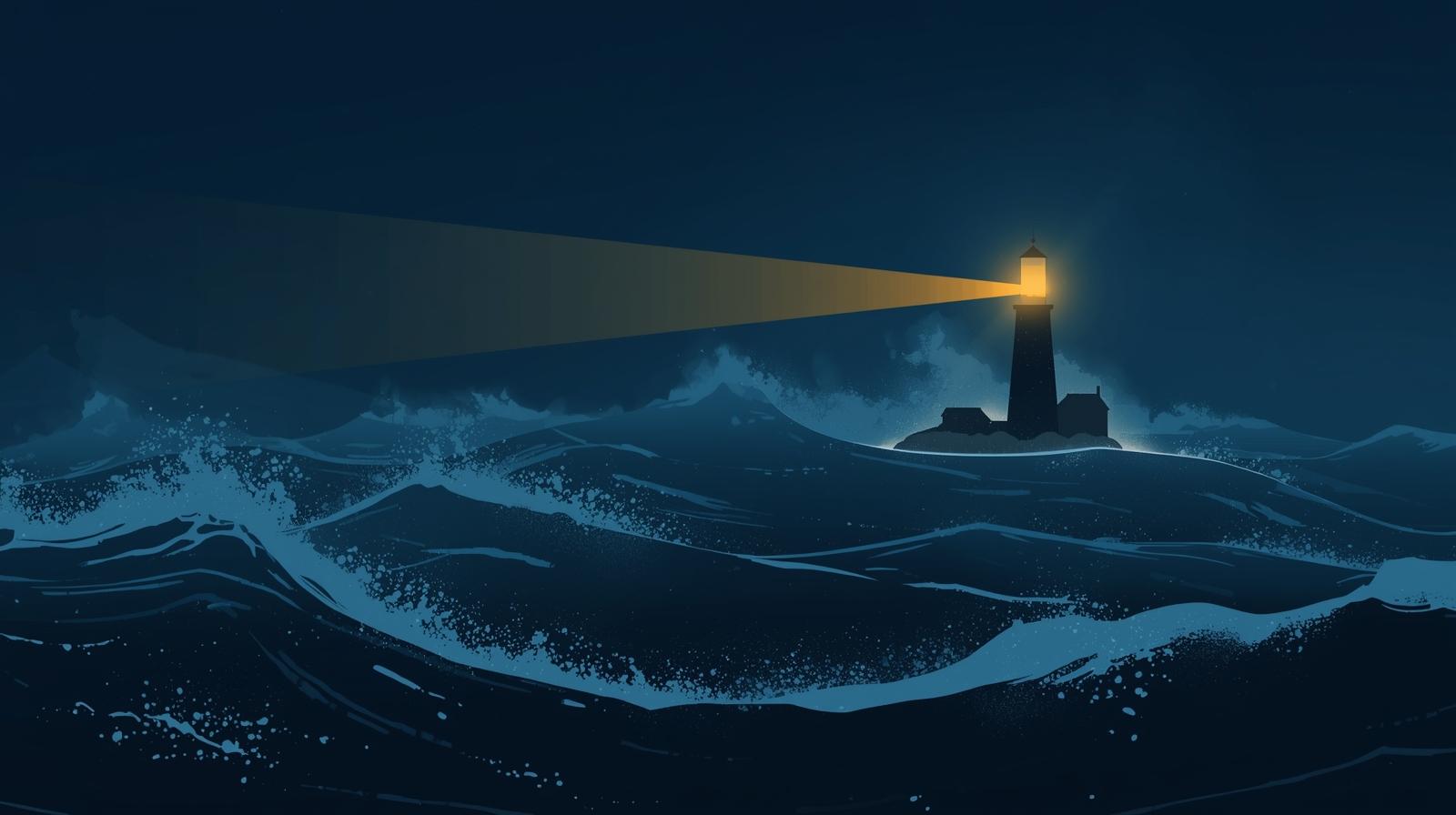 暗い夜の荒波を照らす灯台の光。不安な心の中に理性の光を灯し、落ち着きを取り戻すイメージ。